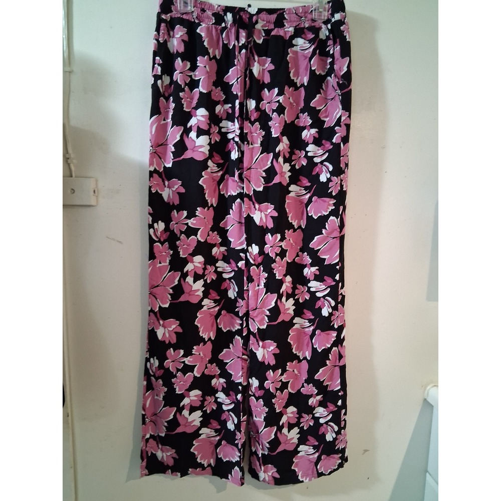 Vince Camuto Womens Small Pink Floral Wide Leg Drawstring Rayon Pants Black